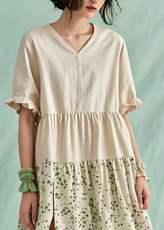 Plus Size Beige V Neck Print Patchwork Cotton Dress Summer