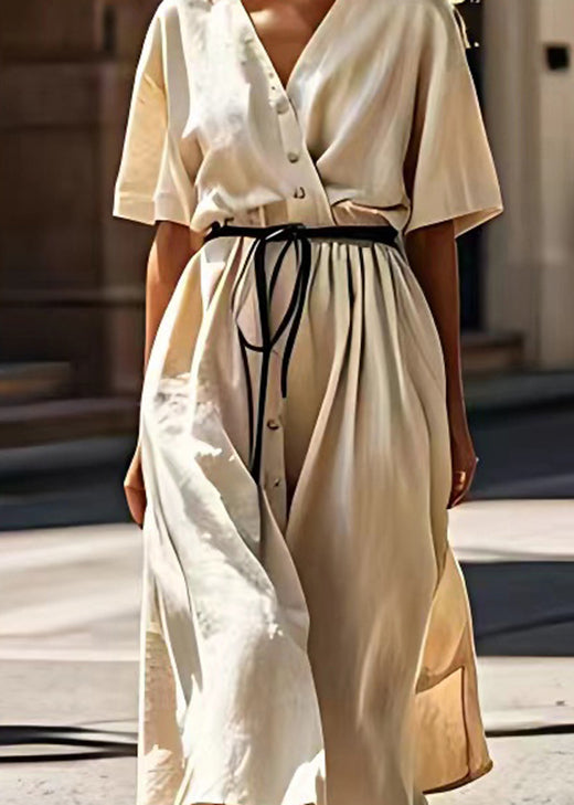 Plus Size Beige V Neck Tie Waist Patchwork Cotton Dress Summer