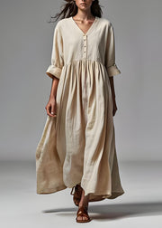 Plus Size Beige V Neck Wrinkled Patchwork Cotton Dresses Summer