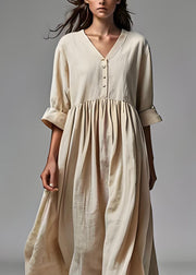 Plus Size Beige V Neck Wrinkled Patchwork Cotton Dresses Summer