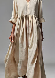 Plus Size Beige V Neck Wrinkled Patchwork Cotton Dresses Summer