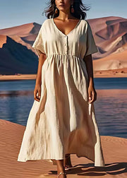Plus Size Beige V Neck Wrinkled Patchwork Linen Dress Summer