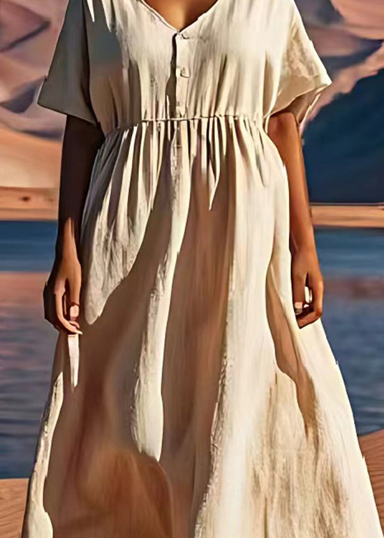 Plus Size Beige V Neck Wrinkled Patchwork Linen Dress Summer