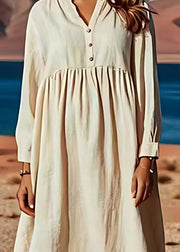 Plus Size Beige V Neck Wrinkled Patchwork Linen Dresses Long Sleeve