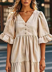 Plus Size Beige V Neck Wrinkled Patchwork Linen Dresses Summer