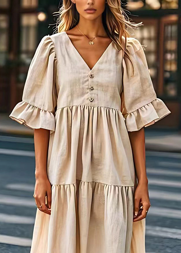 Plus Size Beige V Neck Wrinkled Patchwork Linen Dresses Summer