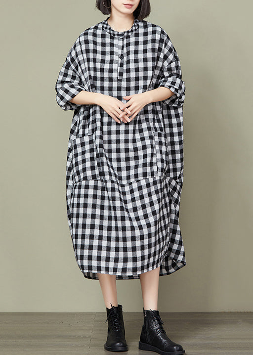 Plus Size Big Plaid Pockets Patchwork Cotton Long Dresses Fall