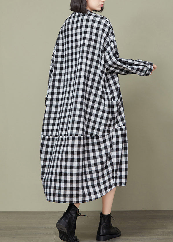 Plus Size Big Plaid Pockets Patchwork Cotton Long Dresses Fall