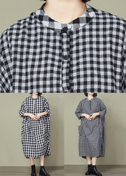 Plus Size Big Plaid Pockets Patchwork Cotton Long Dresses Fall