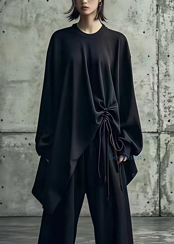 Plus Size Black Asymmetrical Drawstring Top Long Sleeve