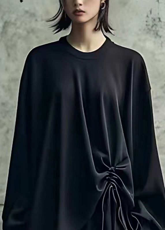 Plus Size Black Asymmetrical Drawstring Top Long Sleeve