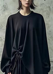 Plus Size Black Asymmetrical Drawstring Top Long Sleeve