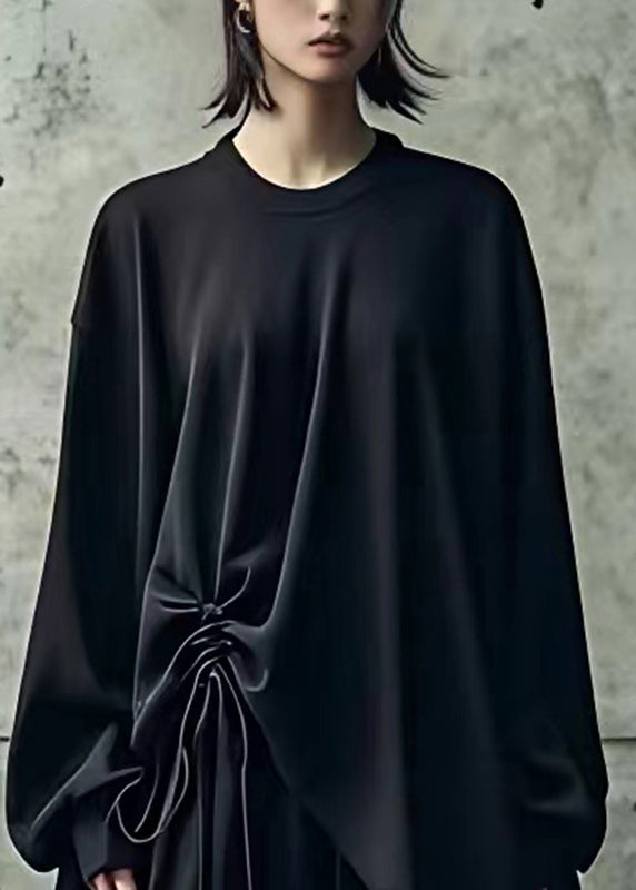 Plus Size Black Asymmetrical Drawstring Top Long Sleeve