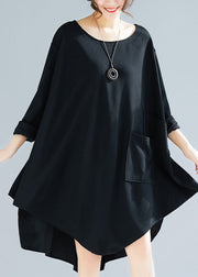 Plus Size Black Asymmetrical Patchwork Applique Cotton Long Tops Spring