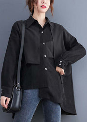 Plus Size Black Asymmetrical Patchwork Cotton Blouses Fall