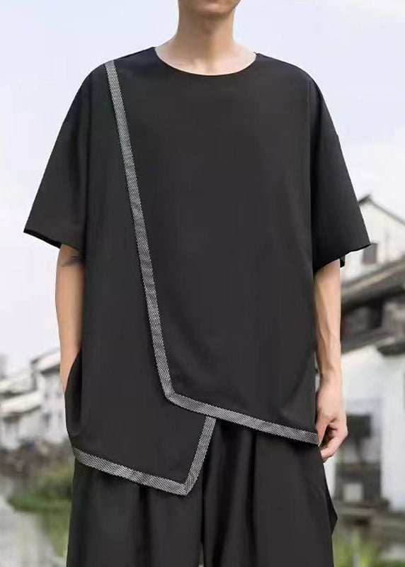 Plus Size Black Asymmetrical Patchwork Cotton Mens T Shirt Designer Summer