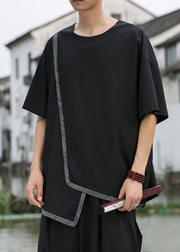 Plus Size Black Asymmetrical Patchwork Cotton Mens T Shirt Designer Summer