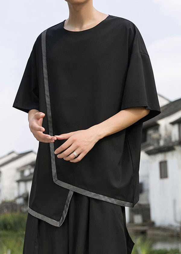 Plus Size Black Asymmetrical Patchwork Cotton Mens T Shirt Designer Summer