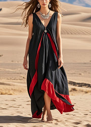 Plus Size Black Asymmetrical Patchwork Cotton Sundress Summer