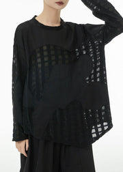 Plus Size Black Asymmetrical Patchwork Cotton Top Spring