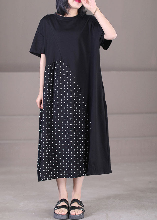 Plus Size Black Asymmetrical Patchwork Wrinkled Print Cotton Maxi Dress Short Sleeve