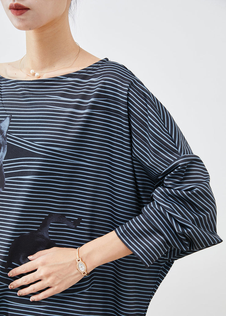 Plus Size Black Asymmetrical Striped Cotton Blouses Fall