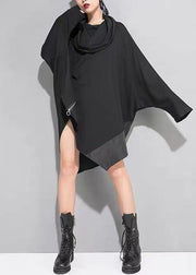 Plus Size Black Asymmetrical Zippered Patchwork Cotton Mid Dress Batwing Sleeve