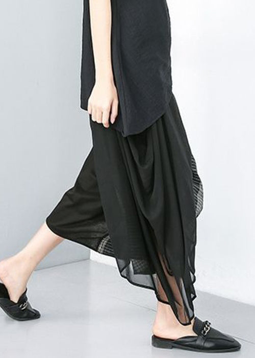 Plus Size Black Asymmetrical design Elastic Waist Wide Leg Pants Summer