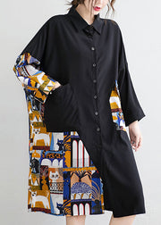 Plus Size Black Button Print Patchwork Cotton Blouses Dress Fall