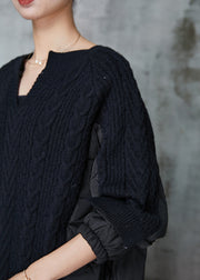 Plus Size Black Cinched Patchwork Knit Sweatshirts Top Spring