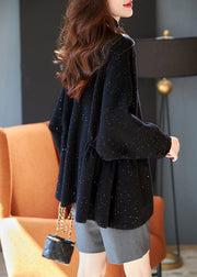 Plus Size Black Cinched Sequins Knit Loose Coat Winter