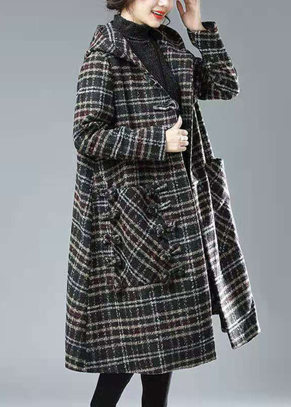 Plus Size Black Chocolate Plaid Hooded Pockets Thick Woolen Trench Winter