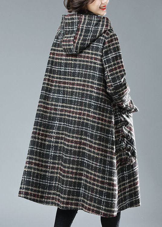 Plus Size Black Chocolate Plaid Hooded Pockets Thick Woolen Trench Winter