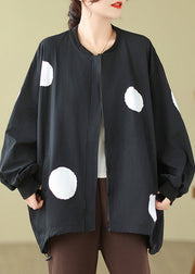 Plus Size Black Dot Zip Up Drawstring Cotton Coat Long Sleeve