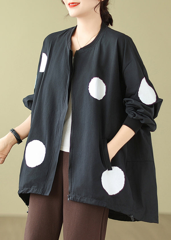 Plus Size Black Dot Zip Up Drawstring Cotton Coat Long Sleeve