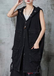 Plus Size Black Drawstring Pockets Cotton Hooded Vest Spring