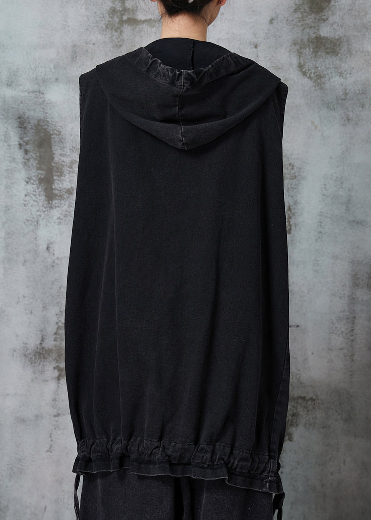 Plus Size Black Drawstring Pockets Cotton Hooded Vest Spring