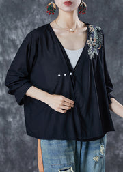 Plus Size Black Embroidered Cotton Loose Blouses Summer