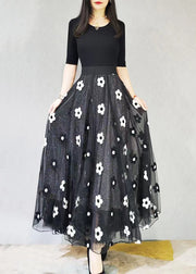 Plus Size Black Embroidered Elastic Waist Tulle Skirt Spring