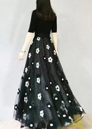 Plus Size Black Embroidered Elastic Waist Tulle Skirt Spring