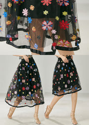 Plus Size Black Embroidered Floral Tulle Skirt Summer