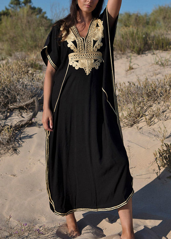 Plus Size Black Embroidered Kaftan Tunic Maxi Beach Dress Short Sleeve