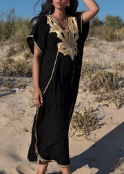 Plus Size Black Embroidered Kaftan Tunic Maxi Beach Dress Short Sleeve