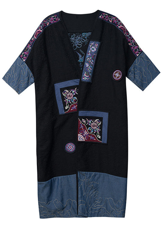 Plus Size Black Embroideried Denim Patchwork  Long Cardigan Fall