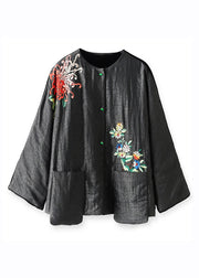 Plus Size Black Embroideried Floral Button Silk Velour Parka Winter