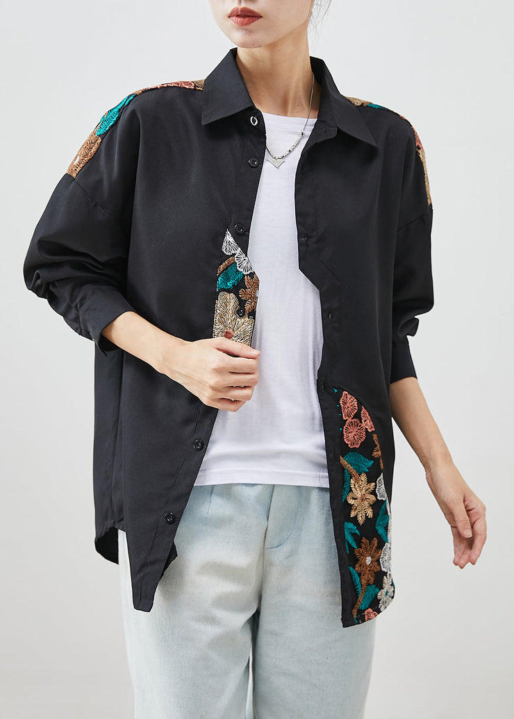 Plus Size Black Embroidered Patchwork Cotton Shirt Top Fall