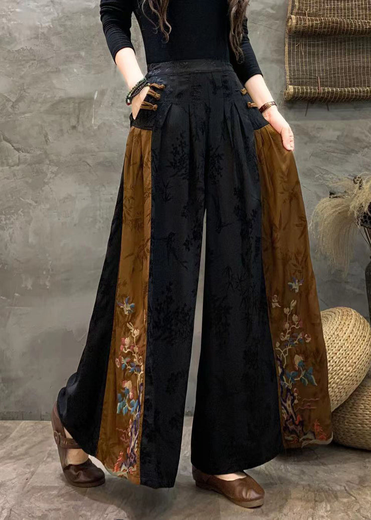 Plus Size Black Embroideried Patchwork Pockets Silk Crop Pants Fall