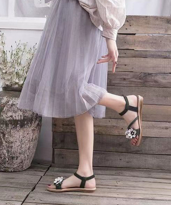 Plus Size Black Flat Sandals Peep Toe Soft Splicing Floral