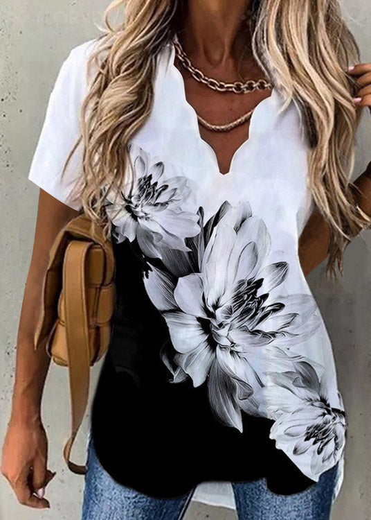 Plus Size Black Floral V Neck Print T Shirt Short Sleeve