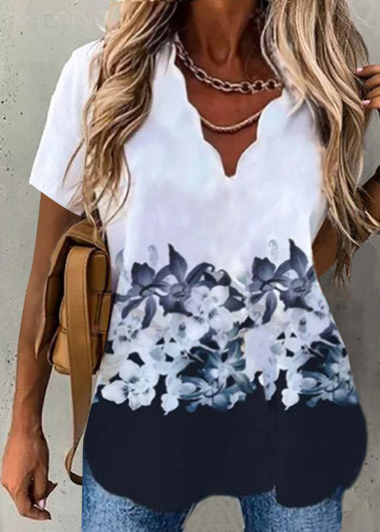 Plus Size Black Floral V Neck Print T Shirt Short Sleeve